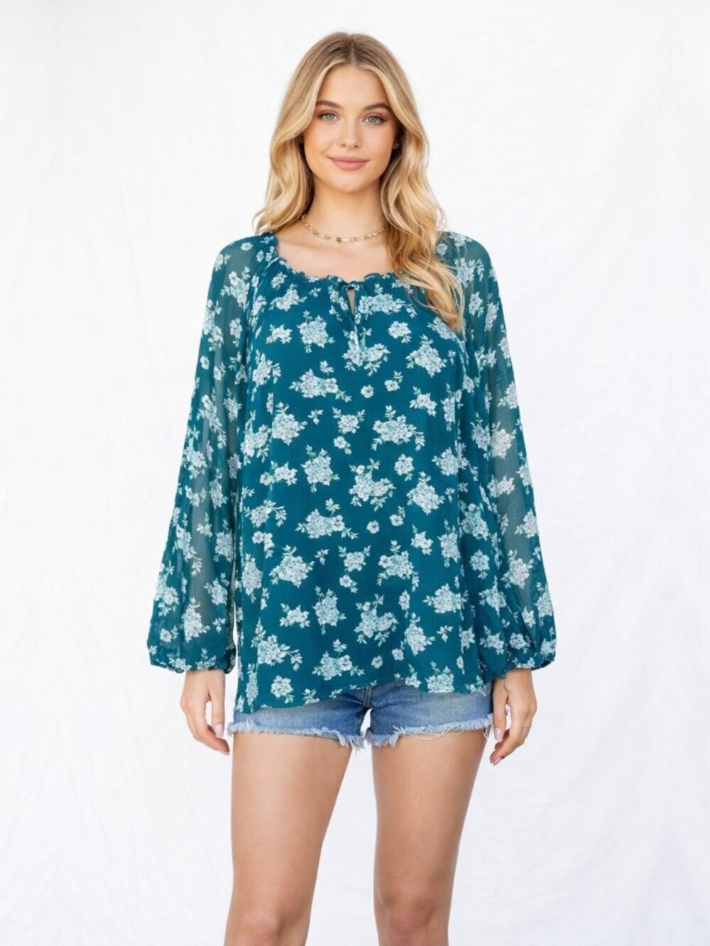 2/$30 LC Lauren Conrad Floral Tie Neck Peasant Top Green 3X #A1938